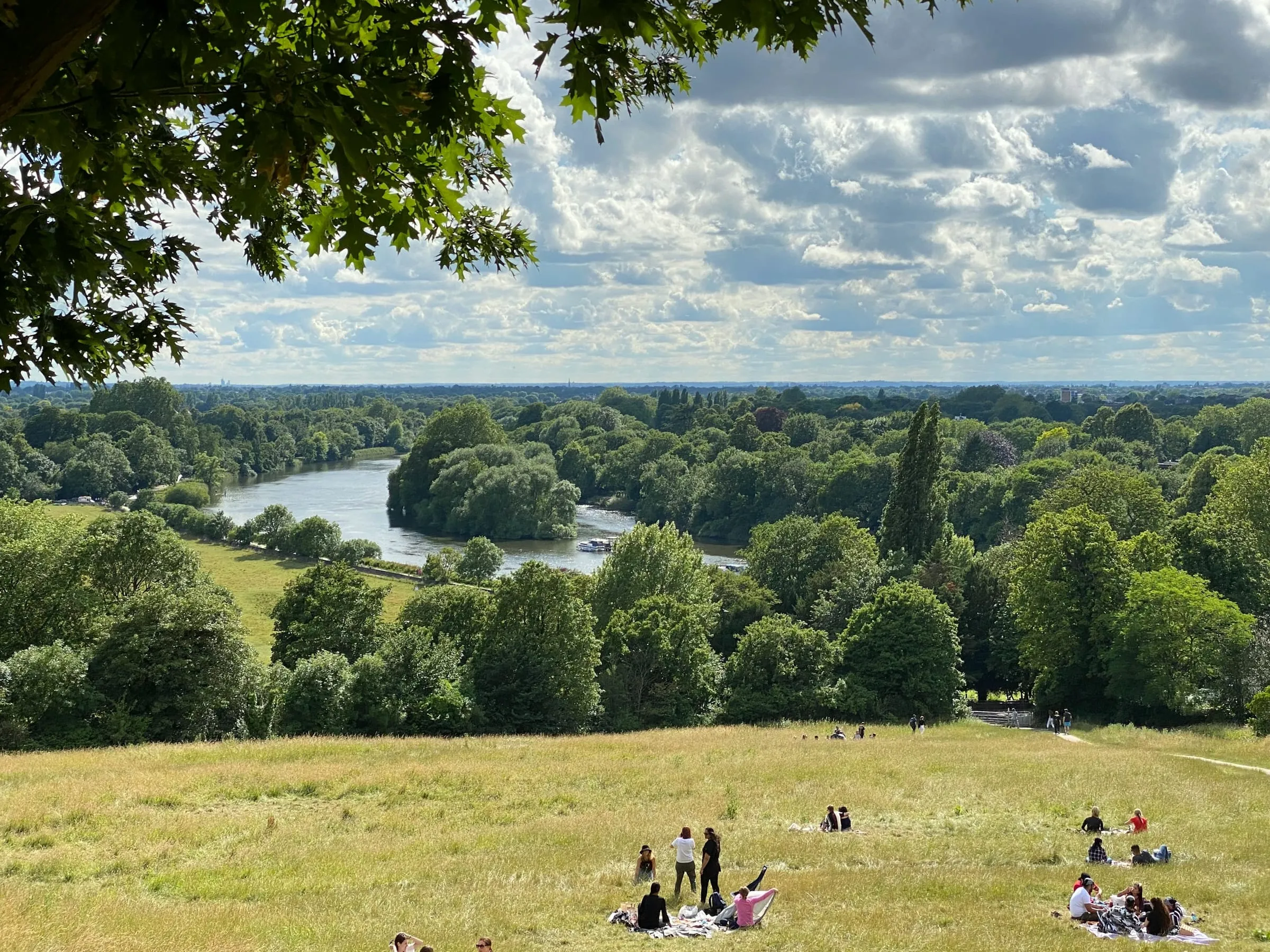 People sitting on the grass at Richmond Hill, looking over the Thames